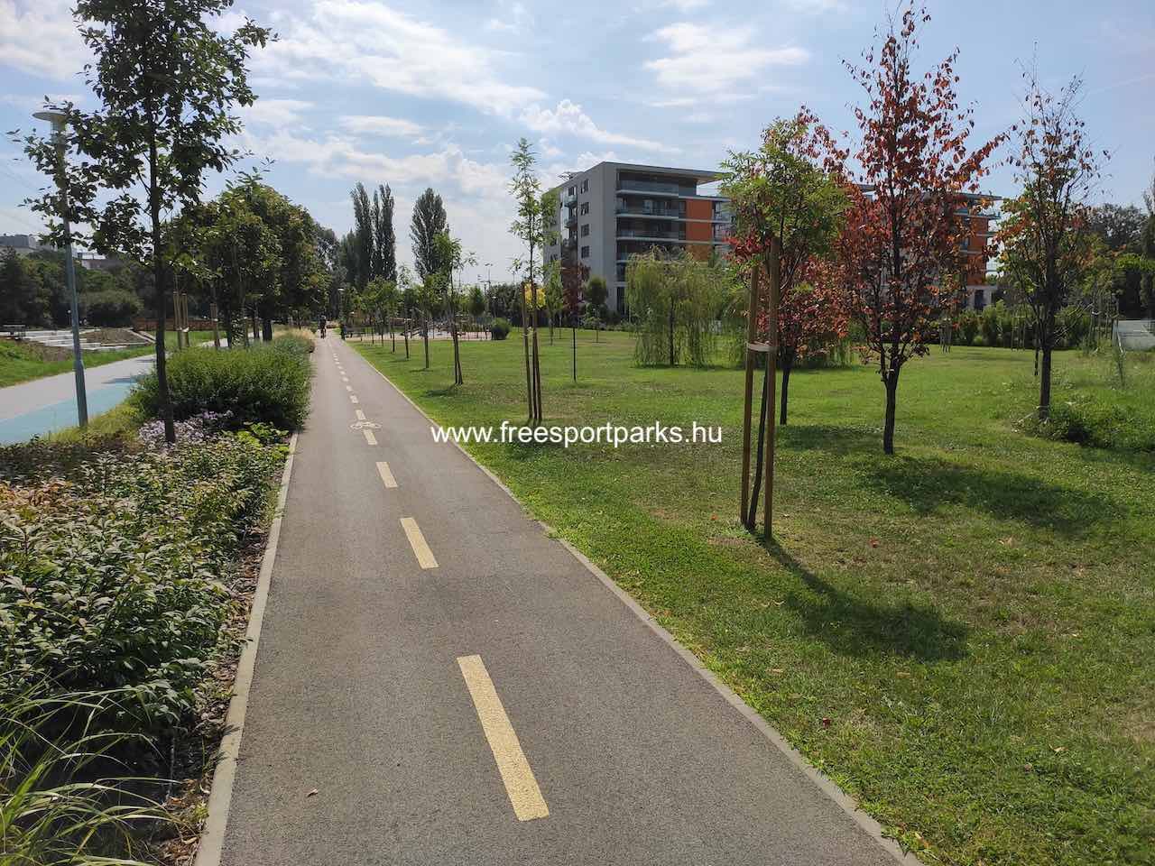zöld rét a kerékpárút mellett - Rákos-patak, Kubala László park - Free Sport Parks térkép